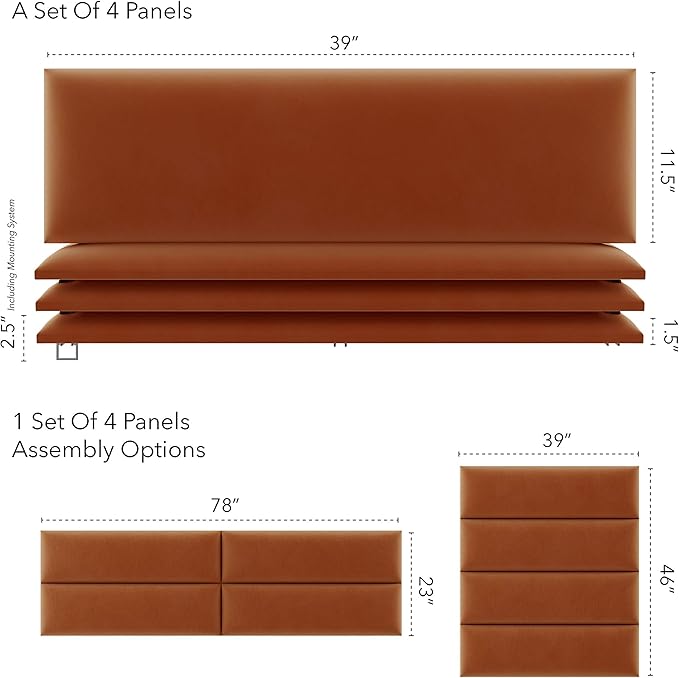 VANT Upholstered Wall Mounted Panels, Padded & Tufted Floating Headboard Panel, Head Boards - Twin, Full, Queen and King Bed Size – Soundproof & Sturdy, Easy to Install - 4 Panels Per Box 39"x11.5"