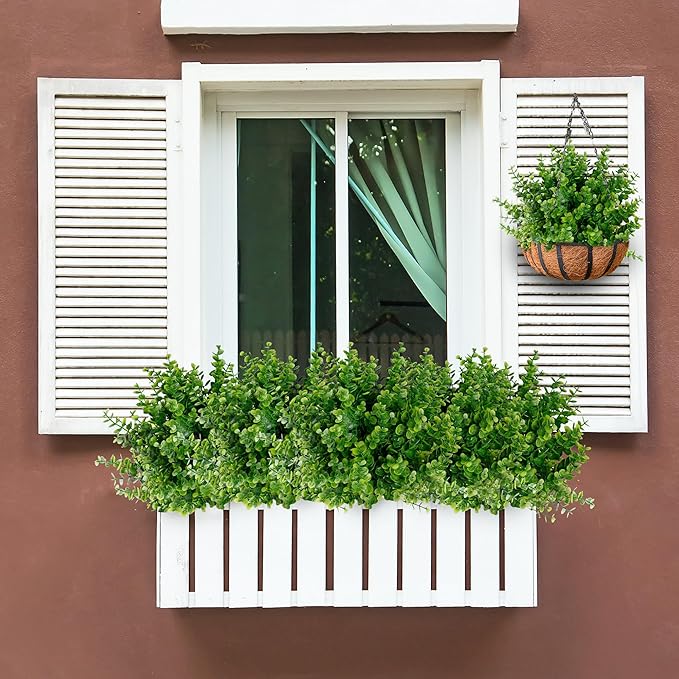 Sggvecsy Artificial Flowers for Outdoors 12 Bundles UV Resistant Boxwood Shrubs Artificial Eucalyptus Fake Plants Faux Plastic Greenery for Farmhouse Garden Indoor Outdoor Home Wedding Decoration
