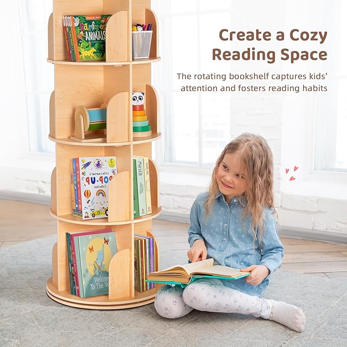 OOOK Rotating Bookshelf for Kids & Adults, Spinning Bookshelf Tower with Large Capacity for Small Space, 360° Display 4 Tier Floor Small Round Corner Shelf for Library, Bedroom, Living Room, Office