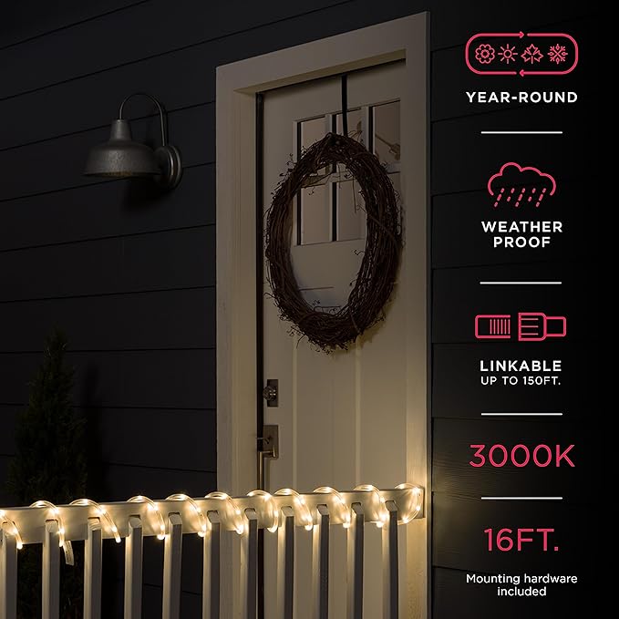 UltraPro LED Rope Lights, 16ft Classic Clear Rope, Warm White Light 3000K, Indoor/Outdoor, Flexible, Linkable, Durable, Rope Lights Outdoor, 54503