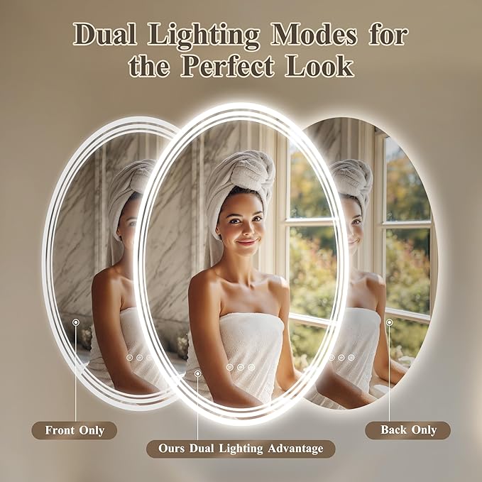 24''x36'' Oval Lighted Mirrors for Bathroom Wall Backlit + Front Lit, Oval LED Bathroom Mirror Frameless with Lights Anti Fog, Dimmable, 3 Colors,Tempered Glass, Shatter-Proof