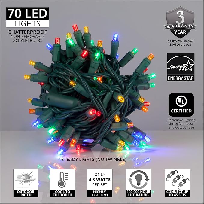 70 Multicolor 5mm LED Christmas Lights, 24 ft Green Wire Wide Angle Mini String, Commercial Grade Outdoor Tree & Holiday Lighting
