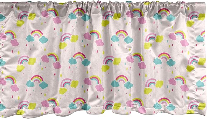 Ambesonne Cartoon Window Valance Pack of 2, Pastel Rainbows Clouds Raindrops Sky Theme, Rod Pocket Curtain Valances for Kitchen Bedroom, 42" X 12", Rose and Multicolor