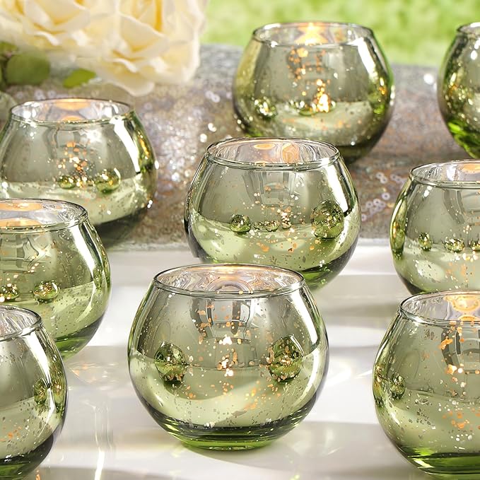 LAMORGIFT 24 Pcs Green Candle Holders - Mercury Glass Tealight Candle Holders for Spring Wedding, Birthday, Dinner Party Table Decor, Guest Favors