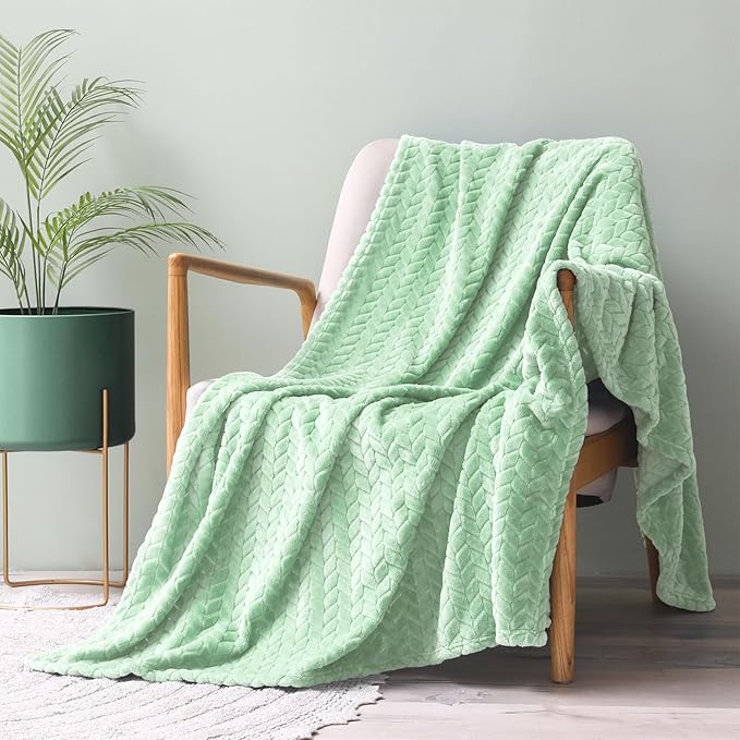 Exclusivo Mezcla Fleece Throw Blanket for Couch, 50x70 Inches Soft Cozy Jacquard Flannel Blankets, Lightweight Fuzzy Plush Warm Throws for Winter, Light Green