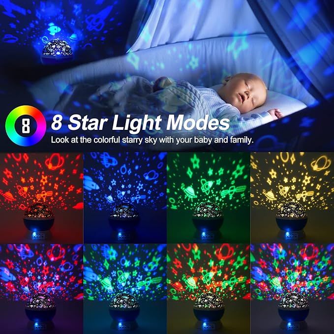 Christmas Baby Night Lights with Remote Control,Moon Projector 360 Degree Rotation - 4 LED Bulbs 8 Color Changing Light, Romantic Night Lighting Blue