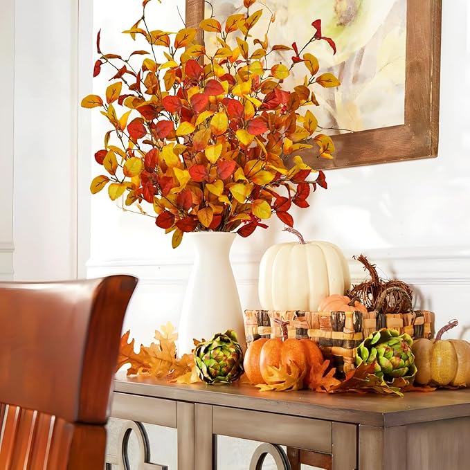 16pcs Artificial Fall Leaves Stems, 27" Fall Flowers Eucalyptus Leaves Branches Faux Fall Leaf Spray Fall Decorations for Home Floral Arrangement Autumn Table Centerpiece