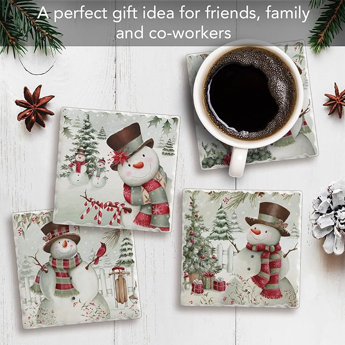 Thirstystone Brown Hat Snowman 4 Pack Assorted Tumbled Tile Stone Coasters with Protective Cork Backing 4" Square Manufactured in The USA