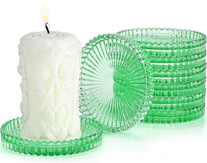 Glass Candle Holders, GOH DODD Set of 8 Crystal Pillar Plates Modern Coasters for Drinks, Centerpiece, Home Decor, Kitchen, Living Room, Patio, Wedding, Halloween, Christmas, Party, Clear Green