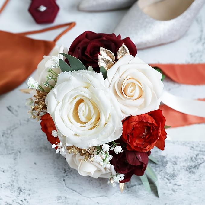 ponatia Burnt Orange Wedding Bouquets for Bride Bridesmaid, Artificial Burgundy Prom Flowers Bouquet for Weddins, Ceremony, Anniversary, 7 Inches