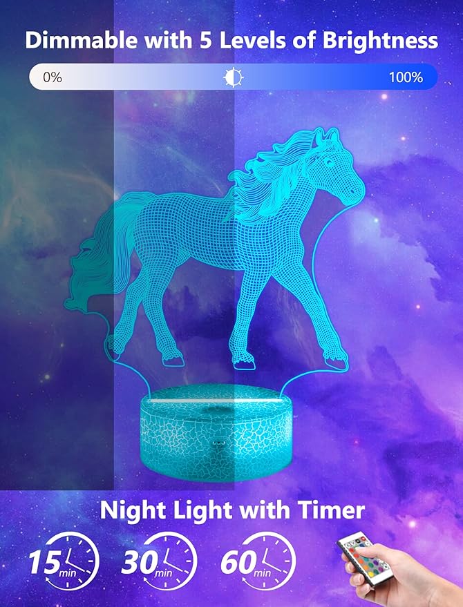 FULLOSUN Horse Gifts for Girl, Horse 3D Night Lights for Kids Illusion Lamp 16 Colors Changing with Remote Birthday Gifts for Child Baby Boy and Girl