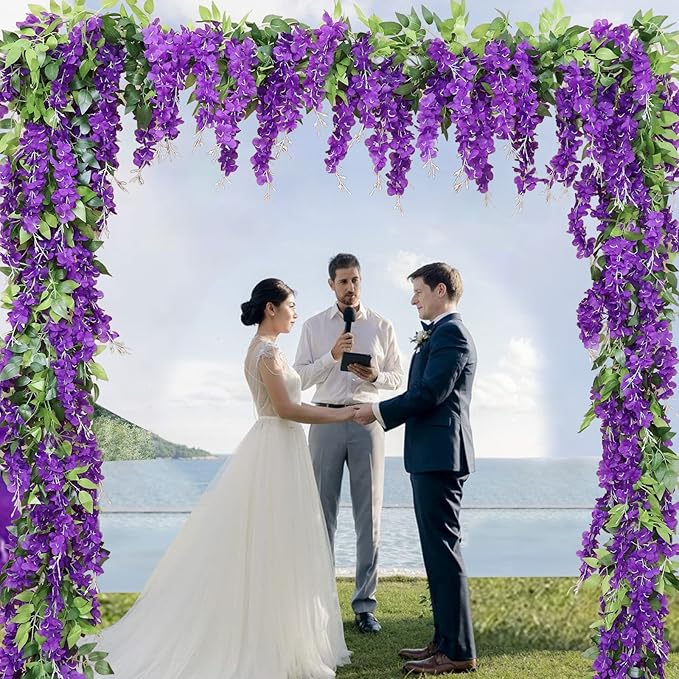 Wisteria Artificial Flowers Garland, 2Pcs Total 14.4ft Silk Faux Wisteria Vine Kit, Hanging Flower Plant for House Outdoor Garden Ceremony Outside Wedding Arch Floral Decor (2, Purple)