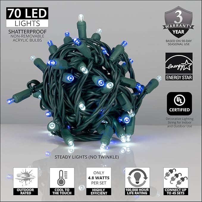 Wintergreen Lighting 70 Count 5mm LED Blue and Cool White Christmas Lights, 24 ft Green Wire Commercial Grade Wide Angle Mini String, Outdoor Holiday Décor