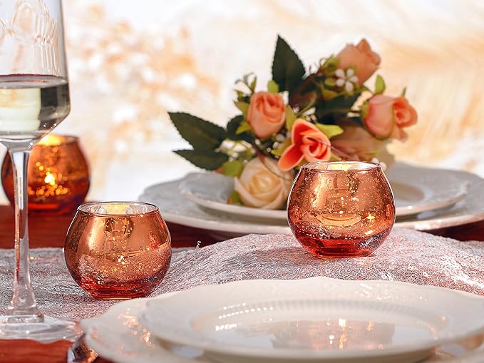 LAMORGIFT 24 Pcs Fall Tealight Candle Holders- Mercury Votive Candle Holders for Burnt OrangeTable Decorations, Terracotta Decor Glass Votives for Fall Party Boho Wedding Table Centerpieces