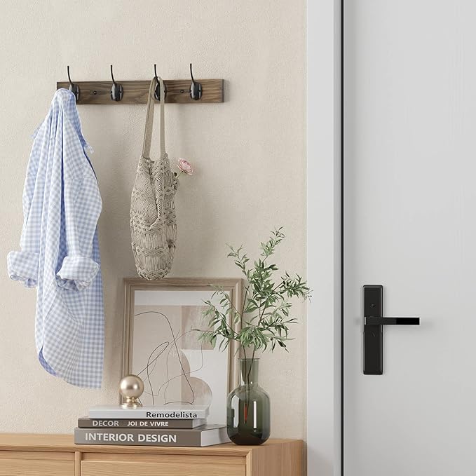 Coat Hooks Wall Mounted, Wooden Hat Rack with 4 Hooks for Entryway, Bathroom,Bedroom(4 Pack,Brown)