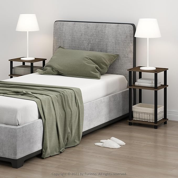 Furinno JUST Night Stand Set of 2, 3-Tier Turn-N-Tube Nightstand, Toolless Bedside Tables, End Table, Side Table with Open Storage for Bedroom, Living Room, Bathroom, Columbia Walnut