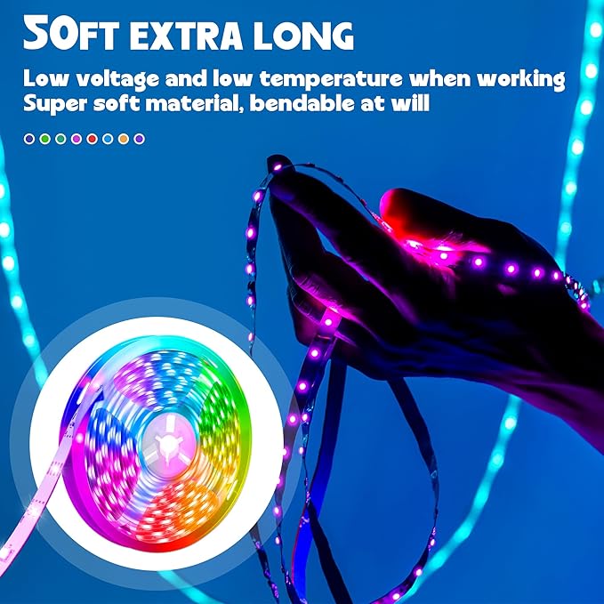 QZYL LED Lights for Bedroom, 50FT RGB LED Strip Lights with 44 Keys IR Remote, Smart LED Light Strip with Adhesive Backing Adjustable Brightness App Control for Bedroom Party Decoration