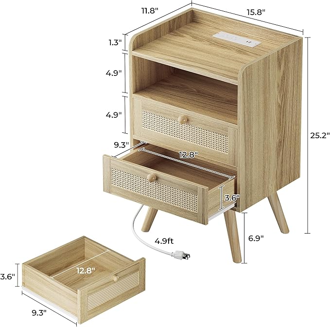 SUPERJARE 2 Drawer Night Stand with Charger Station, Boho Rattan Nightstand Set of 2, 25.2 Inch Tall Bed Side Table with Solid Wood Feet, End Table, Open Storage, Synthetic Rattan, for Dorm, Natural