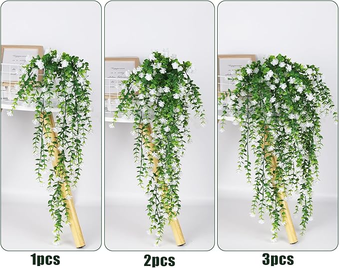 RECUTMS Artificial Hanging Plants Fake Hanging Plant Faux Eucalyptus Leaf Greenery Vine Outdoor UV Resistant Plastic Plants Home Garden Wedding Party Indoor Outdoor Decorations(White)
