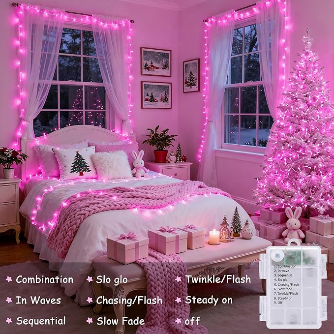 JMEXSUSS 33ft 100 LED Pink Christmas Lights, Pink Battery Operated Lights with 8 Modes Remote, Indoor Outdoor String Light for Bedroom Christmas Party Tree Decorations