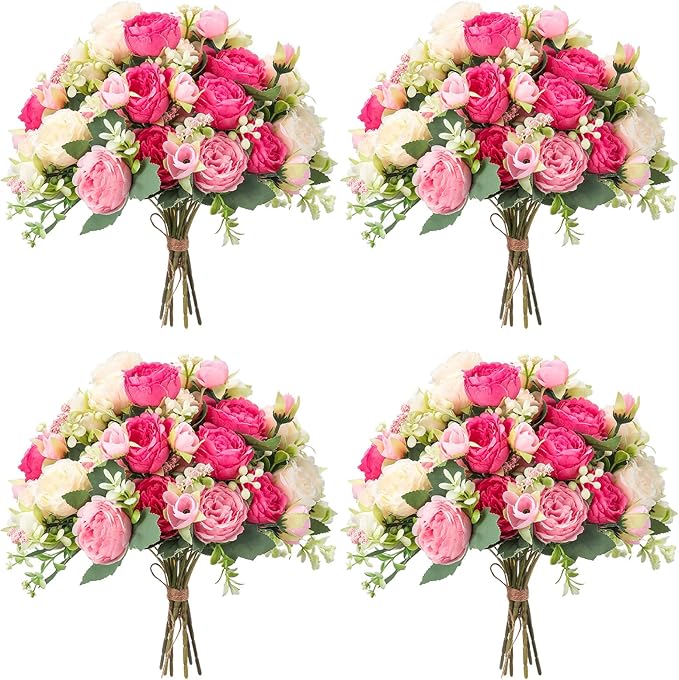 Geosar 8 Bundles Artificial Peonies Flowers Fake Silk Peony Bouquet Faux Peonies Flowers Bulk for Decoration Vase Floral Arrangements Wedding Party Table (Bright Color)