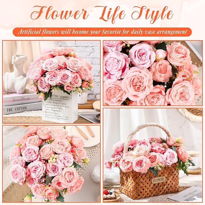 Geosar 8 Bundles Artificial Peonies Flowers Fake Silk Peony Bouquet Faux Peonies Flowers Bulk for Decoration Vase Floral Arrangements Wedding Party Table (Peach Pink,Light Pink)