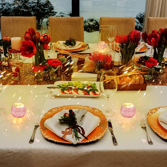 Rtteri 24 Set Votive Candle Holders Wedding Centerpiece Table Decorations Speckled Mercury Glass Votive Candle Holders with Tea Lights Birthday Party Decorations for Home (Pink)