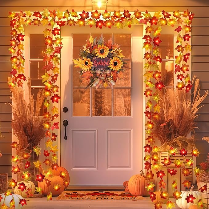 Fall Decor Multicolored Maple Leaf Lights, 10Ft 20LED Lights Battery Operated Fall Leaves Garland with Light Door Light String Home Decor Indoor Outdoor Halloween Thanksgiving Decorations