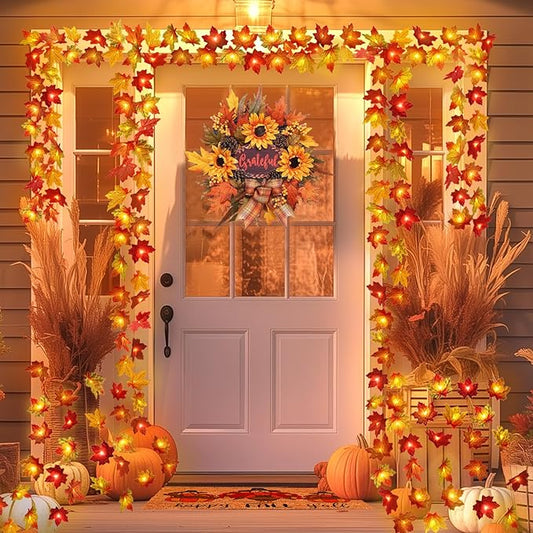 Fall Decor Multicolored Maple Leaf Lights, 10Ft 20LED Lights Battery Operated Fall Leaves Garland with Light Door Light String Home Decor Indoor Outdoor Halloween Thanksgiving Decorations