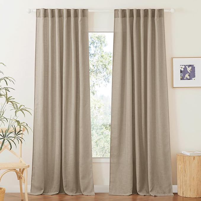 RYB HOME Sheer Linen Curtains 90 inches Long, Rod Pocket & Back Tab Linen Blend Elegant Light Filtering Privacy UV Protected Panels for Living Room, Khaki, 52" W, 2 Panels