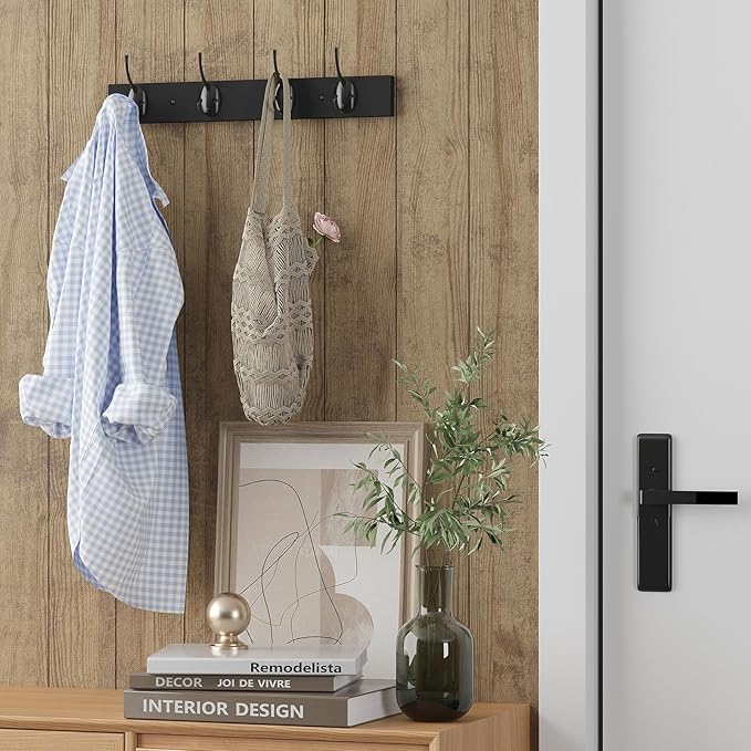 Coat Hooks Wall Mounted, Wooden Hat Rack with 4 Hooks for Entryway, Bathroom,Bedroom(Black)