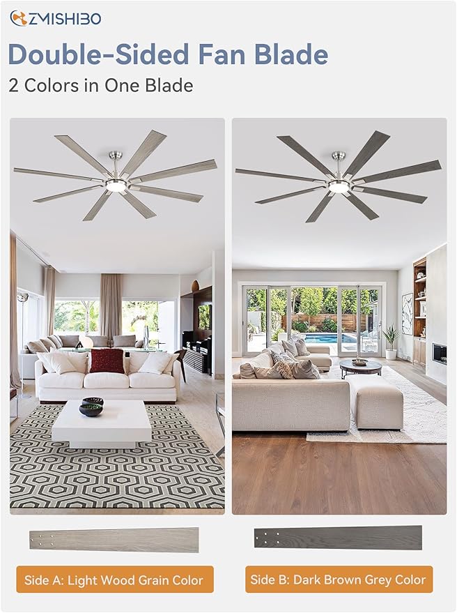 ZMISHIBO 80 inch Brushed Nickel Modern Ceiling Fans with Lights and Remote, Indoor/Outdoor Ceiling Fan for Living Room Patio, 6 Speed Reversible Quiet DC Motor, 3 CCT, Dual Finish Blades