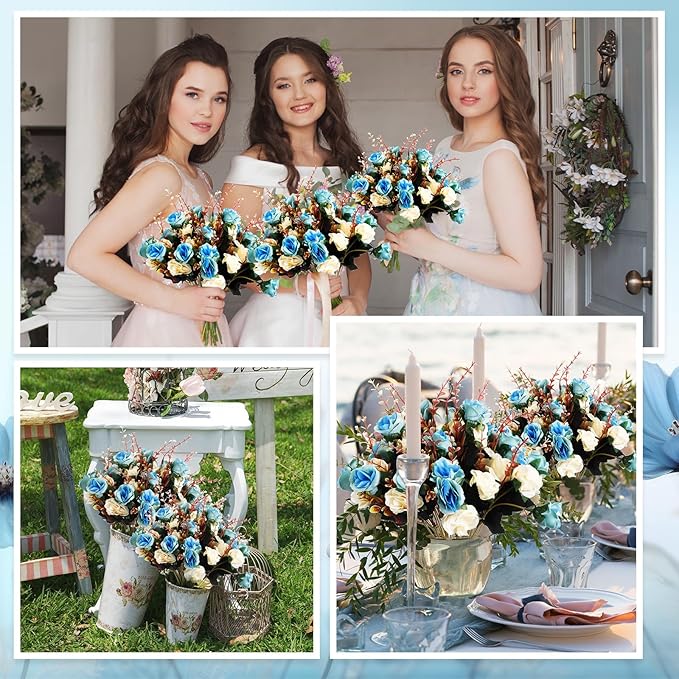 Hotop 12 Bunches of Artificial Flowers Centerpiece 13 Inches Silk Faux Roses Bouquets for Table Decoration Realistic Bouquet Arrangement Boho Faux Flowers for Wedding (Light Blue)