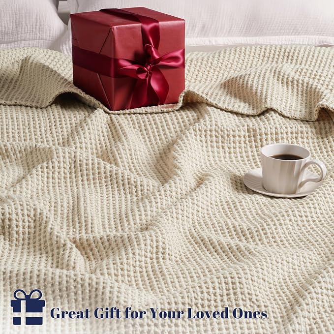 PHF 100% Cotton Waffle Weave Blanket King Size for Bed,Snag Proof Lightweight Breathable Moisture-Wicking Throw for Couch,Great for Layering in Cold Weather,Machine Washable,Home Decor Gift-Linen