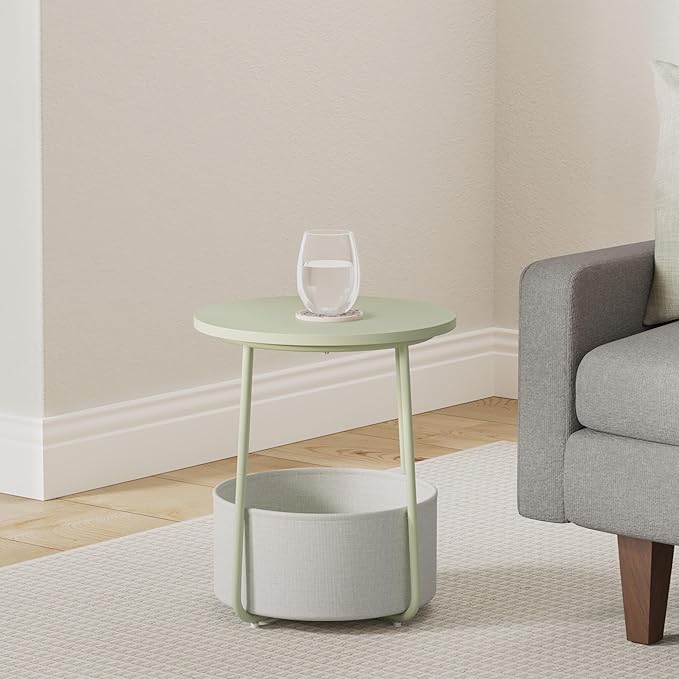 VASAGLE LILEA Collection - Small Round Side End Table, Modern Nightstand with Fabric Basket, Laurel Green and Cream White ULET223C69