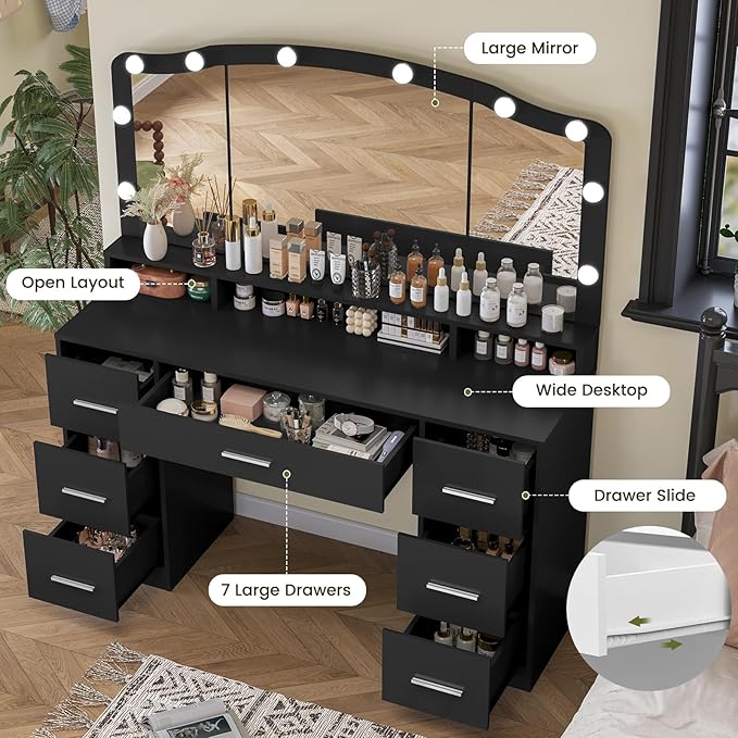 usikey 43.3" Vanity Desk with Large Lighted Mirror, Makeup Vanity Table with 7 Drawers & 10 Lights Bulbs, 3 Lighting Colors, Make Vanity Desk, Vanity Table for Women Girls, Black