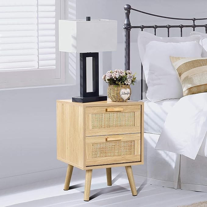 Finnhomy Nightstands Set of 2, Night Stands Set 2 with Hand Made Rattan Decorated Drawers, Nightstand, End Table, Bedside Tables Set of 2 for Bedroom, Natural, 2 Pack