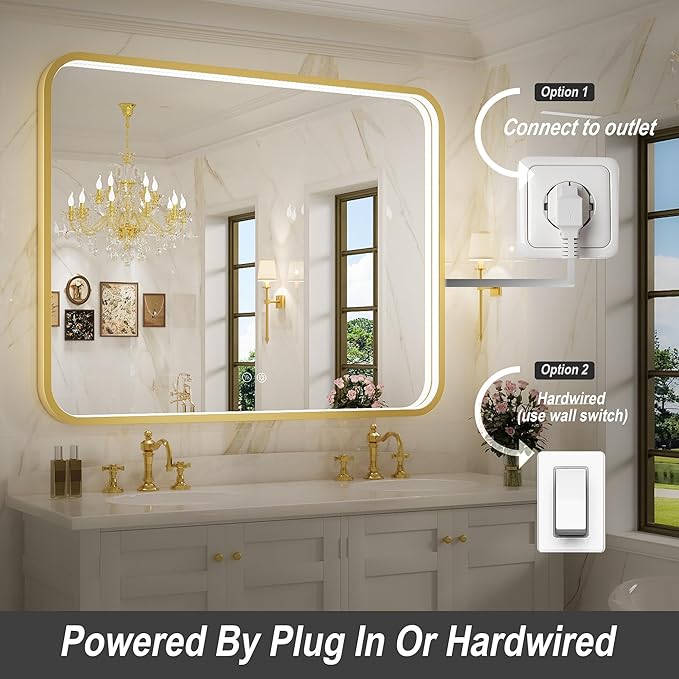 43X36 Inch Framed LED Lighted Bathroom Mirror,Wall Mounted Gold Metal Vanity Mirrors with Lights,Dimmable Illuminated Anti-Fog Mirror(Horizontal/Vertical)
