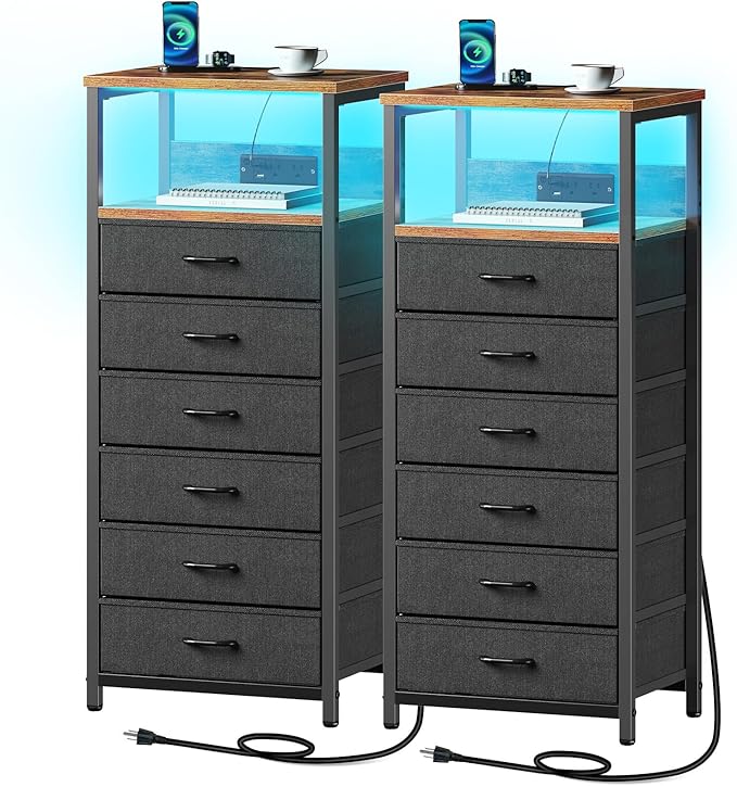 Seventable Night Stand with Charging Station, Tall Nightstand with 6 Fabric Storage Drawers, Side Table with LED Light for Bedroom, Entryway, Rustic Brown, Set of 2