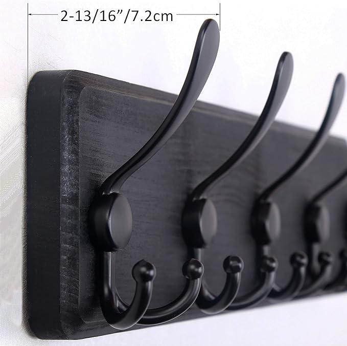 WEBI Coat Rack Wall Mount,Coat Hooks Wall Mounted Rustic,16" Hole to Hole,Large Coat Hanger Wall,Wood Hook Rack,5 Triple Hooks for Hanging Coats,Jacket,Clothes,Black