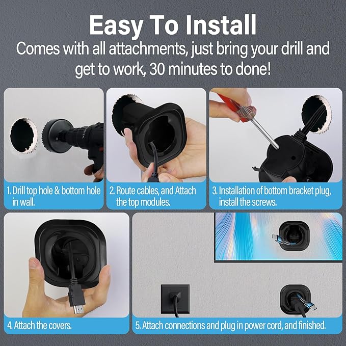 in-Wall Cable Management Kit for Wall Mounted TV - White Power & Low Voltage Cord Hider with Hole Saw, Extension Cord & Splitter - Hide TV Wires Behind Walls for Clean Home Theater & Gaming Setup