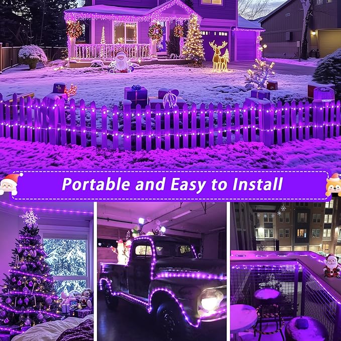 JMEXSUSS 2 Pack Purple Lights Battery Operated Halloween Lights Outdoor Waterproof, Each 33 ft 100 LED Battery Powered Rope Lights, Purple String Light with Remote for Balcony Garden Halloween Decor