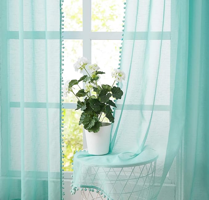 Treatmentex Pompom Sheer Window Curtains for Bedroom Aqua-Blue 95inches Length Decorative Sheer Window Drapes for Wedding Party Ceremony 52" W x 2 Panels Rod Pocket