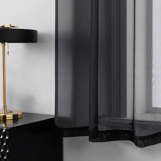 DUALIFE 72 Inches Length Black Sheer Curtains for Bedroom Set of 2 Panels Grommet Faux Linen Semi Voile Window Drapes Elegant Office Curtains for Men Living Room 52x72 Inches Long