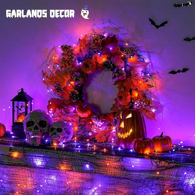 JMEXSUSS 2 Pack Orange and Purple Halloween Lights Battery Operated, Total 200 LED 66ft Halloween Fairy Lights with Remote, 8 Modes Twinkle String Lights for Fireplace Porch Tree Centerpiece Wreath