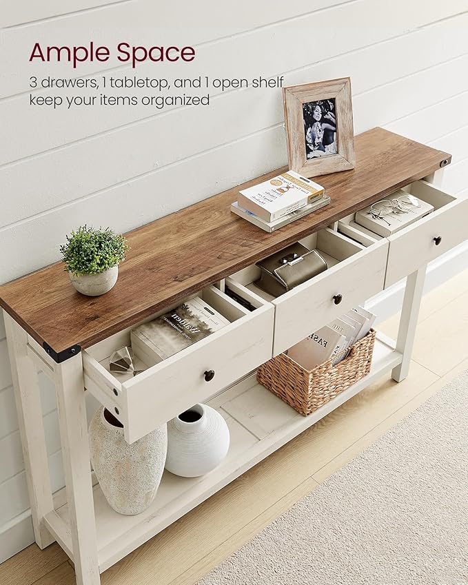 VASAGLE Console Table, Sofa Table, Narrow Entryway Table, Entry Table with 3 Drawers, Open Storage Shelf, Metal Corners, for Living Room, Farmhouse Style, Honey Brown and Rustic White ULNT142WJ02S