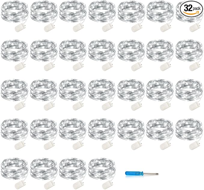 VOOKRY 32 Pcs Fairy Lights Battery Operated String Lights - 10 ft 30 LEDs Waterproof Silver Wire Mini Firefly Starry Moon Lights for DIY Crafts Wedding Party Table Centerpieces Christmas(Cool White)