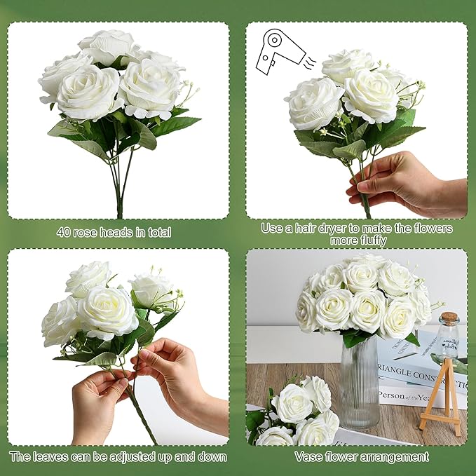 Artificial Roses Bouquets - 8 Bundles Fake Silk Flowers Realistic Faux Florals Bulk for Wedding Bridal Party Baby Shower Event Home Arrangements Centerpieces Decorations (White)