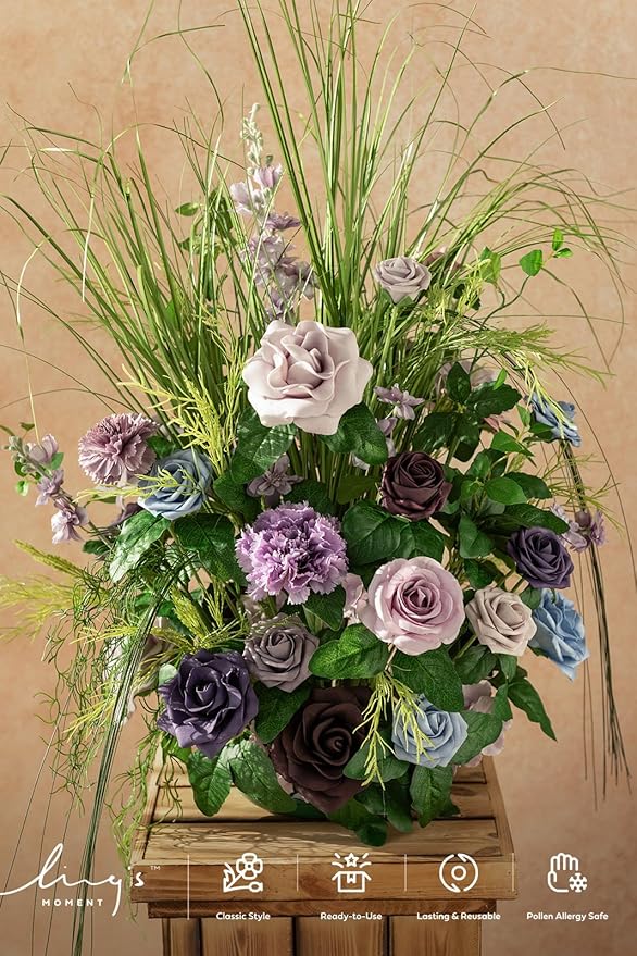 Ling's moment 41" Tall Fall Free Standing Artificial Flowers Arrangements 2pcs Wedding Aisle Runner Chair Decoration Fake Sage Purple for Arch Entryway Ceremony Reception Church Rose Floral Party