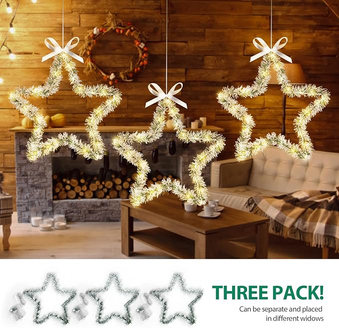 MAOYUE Christmas Window Lights 3 Pack Christmas Star Lights with Snow Pine Leaves Battery Operated Christmas Lights for Outdoor Christmas Decorations, Window, Indoor, Door, Porch, Party, Warm White
